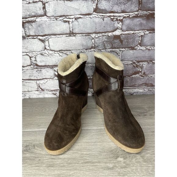 Aquatalia Brown Suede Faux Fur Strap Ankle Wedge Booties Women’s Sz 10M US/41EU - Picture 11 of 16